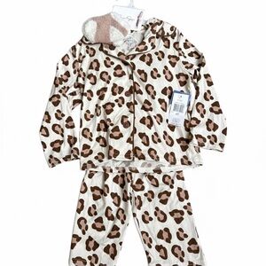 NWT Jessica Simpson Girls 4T Pajama Set 3pc Leopard Print Button Front & Socks